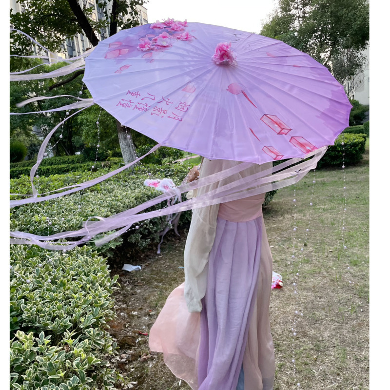 82cm hanfu cospaly blau geöltes Papier Regenschirm Frauen Fotografie Requisit Band antike Quasten Regenschirm Fan Paraguas Sonnenschirm