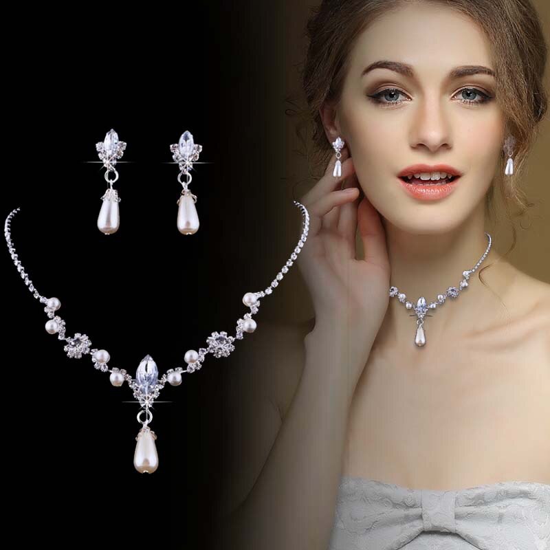 Pearl Necklace Earring Set Bracelet Bridal Jewelry Short Clavicle Necklace Engagement Accessories: D