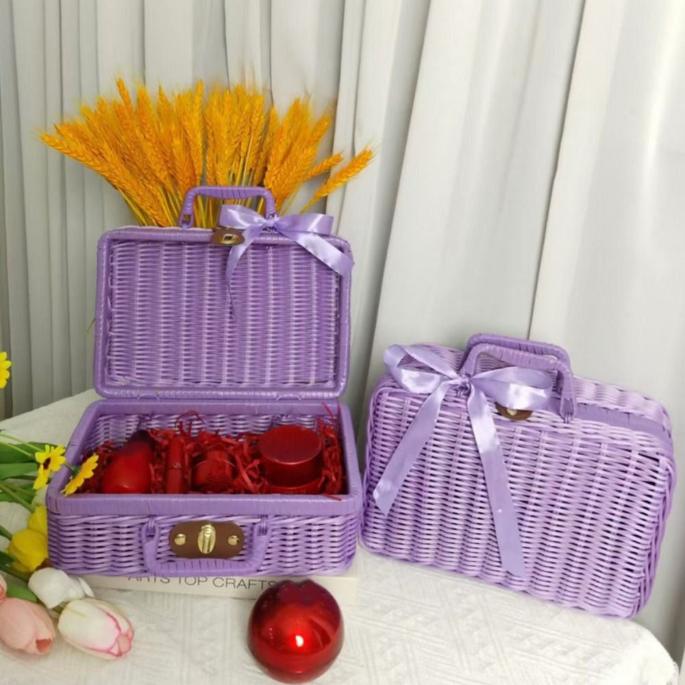 Caja de tejida, caja de almacenamiento de mimbre tejida de simulación, Retro con asa, maleta de boda, cestas tejidas para Picnic en el hogar, boda