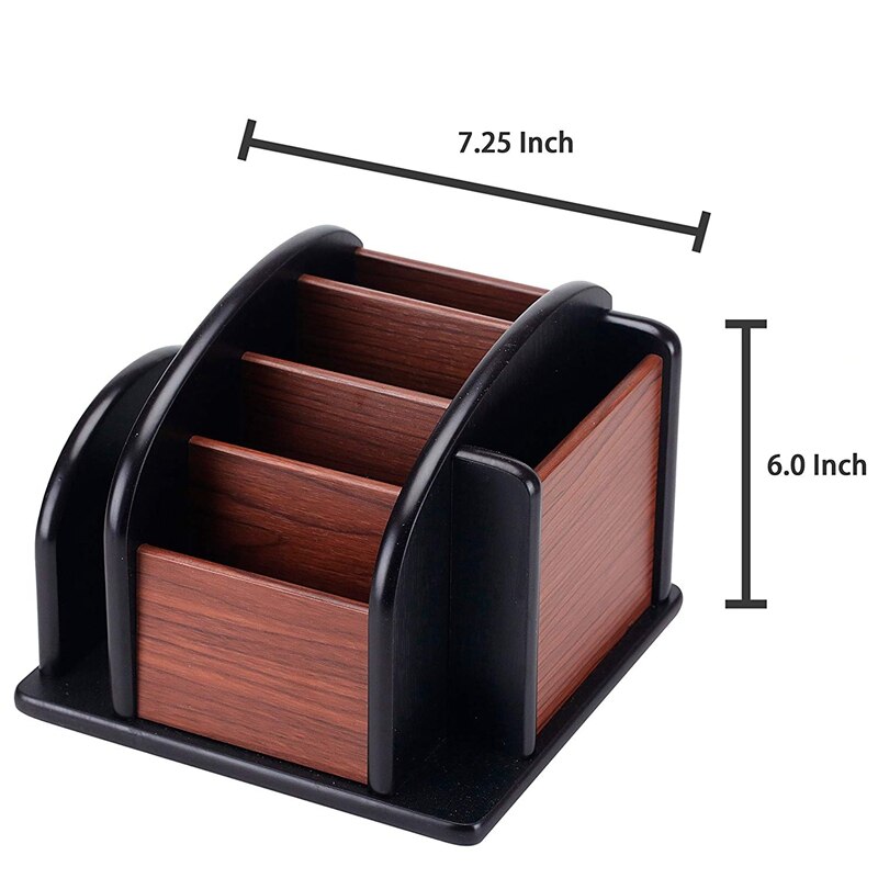 6-Compartment Wood Rotating Remote Caddy Desktop Office Supply Organizer Holder Desktop Storage Rack