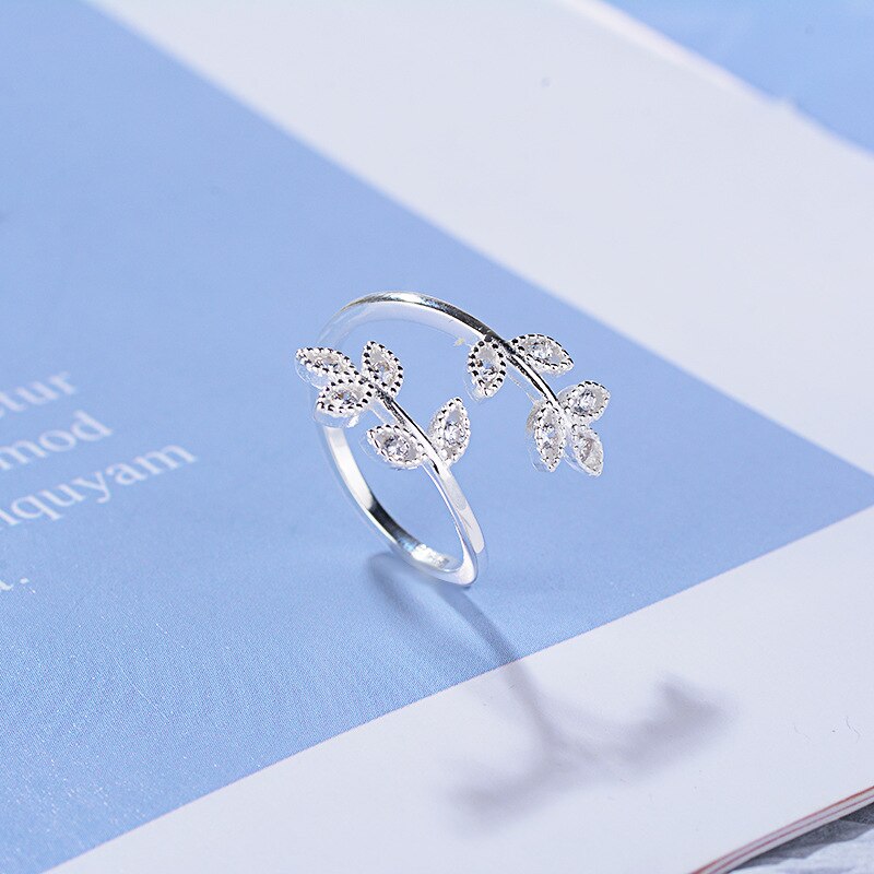 Novo 925 sterling silver crystal leaf anéis para as mulheres tamanho ajustável dedo anéis meninas festa de casamento jóias