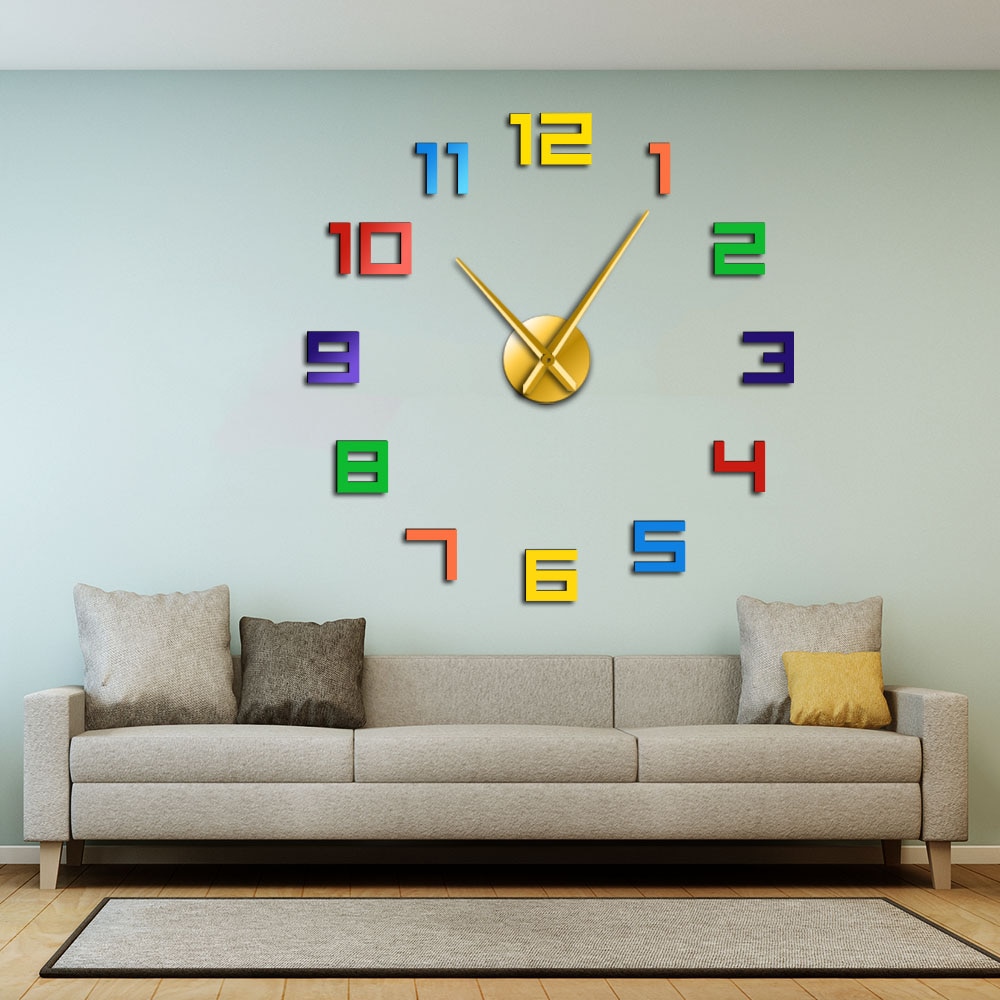 Numéros colorés sans cadre bricolage horloge murale couleurs arc-en-ciel montre géante multicolore acrylique bricolage grands numéros horloge de décoration intérieure