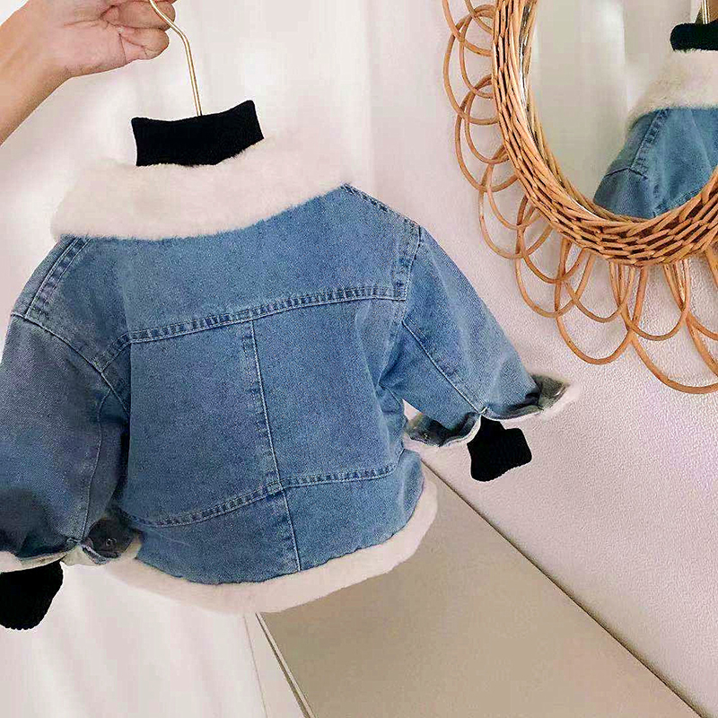 Winter Girls Denim Jacket Baby Coat Toddler Outwear Kids Warm Clothes Fur White Pocket Faux Rabbit Hair 2 To 9 Yrs