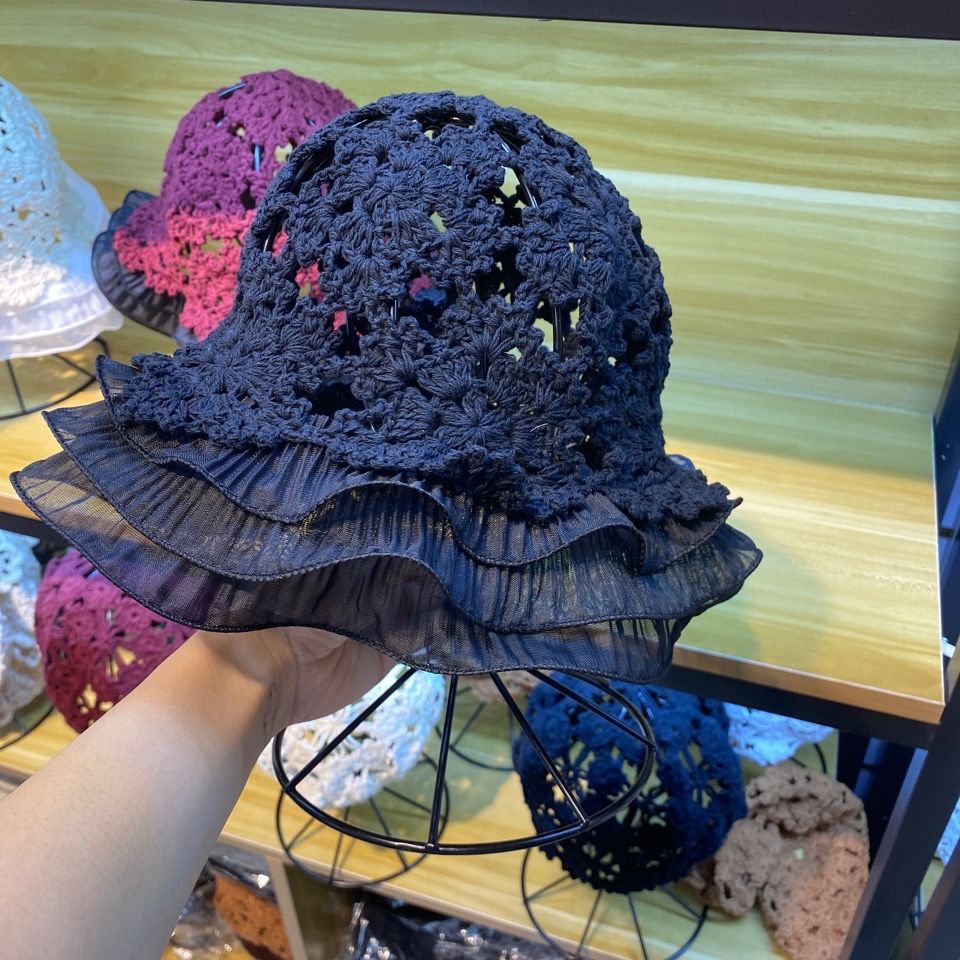 202012-yc2115 French garden Eyelash lace handmade crochet Ruffle Hollowing out acrylic leisure lady sun cap women hat: Black
