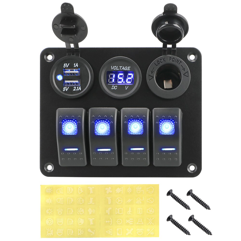 4 gangs 12v/24v led vippebryter panel dobbel usb port effektbryter vanntett digital voltmeter for bil rv campingvogn campingvogner: Blå