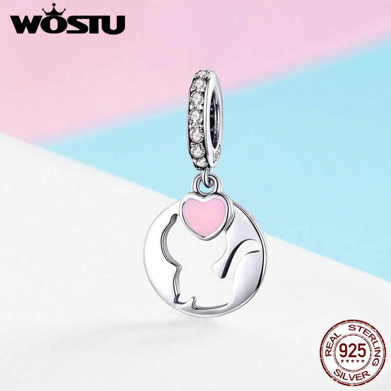 WOSTU 925 Sterling Silver Cat Dangle Charms Pink Heart CZ Bead Fit Women Original Bracelet Bangle Animal Charms Jewelry CQC1140