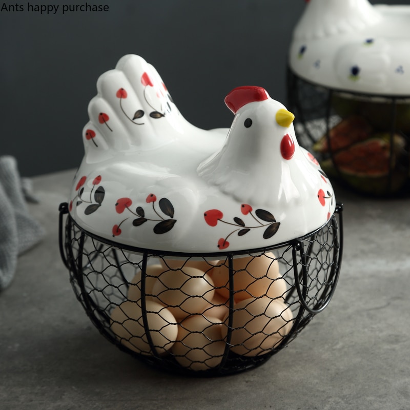 Panier de rangement en fer forgé | Couvercle de poule en céramique panier de fruits, panier de fruits à œufs Portable, fleur bleue, safran de cuisine, fournitures de stockage