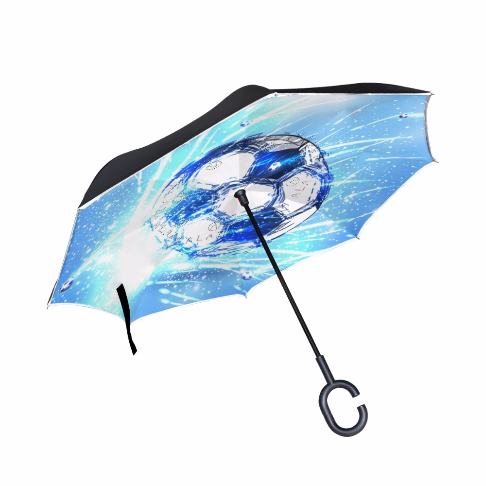 Fodbold c-krog håndtag omvendte paraplyer dobbeltlag omvendt vindtæt regnbilsparaply til mænd