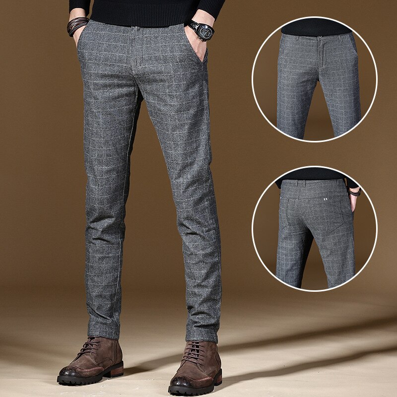 Trend Plaid Smart Business Casual Full Length Pants Mens Office Wear Straight Pants Male Slim Fit Autumn Trousers