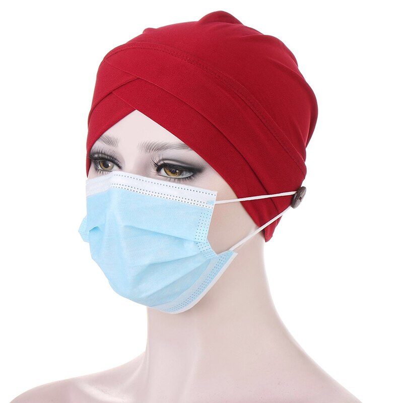 Turbante elástico de algodón para mujer, gorro de bufanda, gorro interior, gorro de enfermera con botón, oferta: Rojo