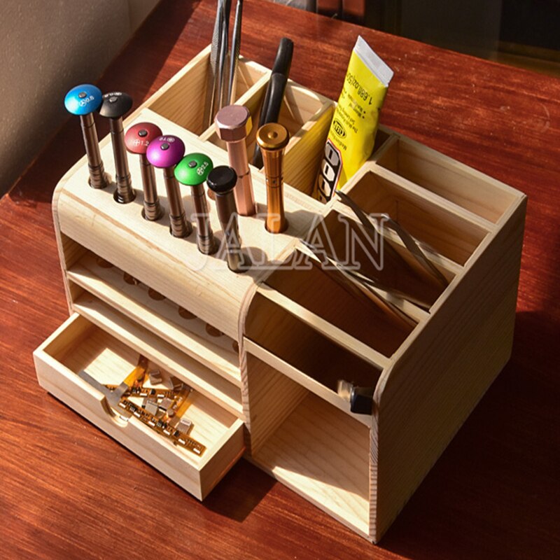 Multi Functional Storage Box Mobile Phone Repair parts Smartphone Opening Tools screwdriver Collector wooden box