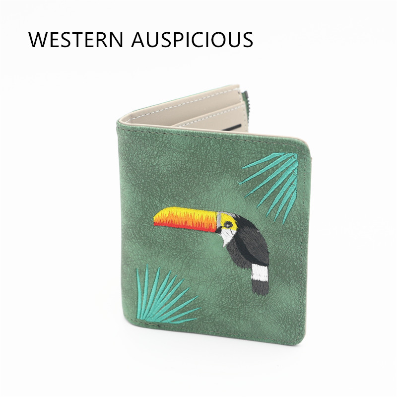 Wallet Women Bird Embroidery Portefeuille Femme Zipper Hasp Short Purse Leather Card Holder Green Blue Pink Black Women Wallets
