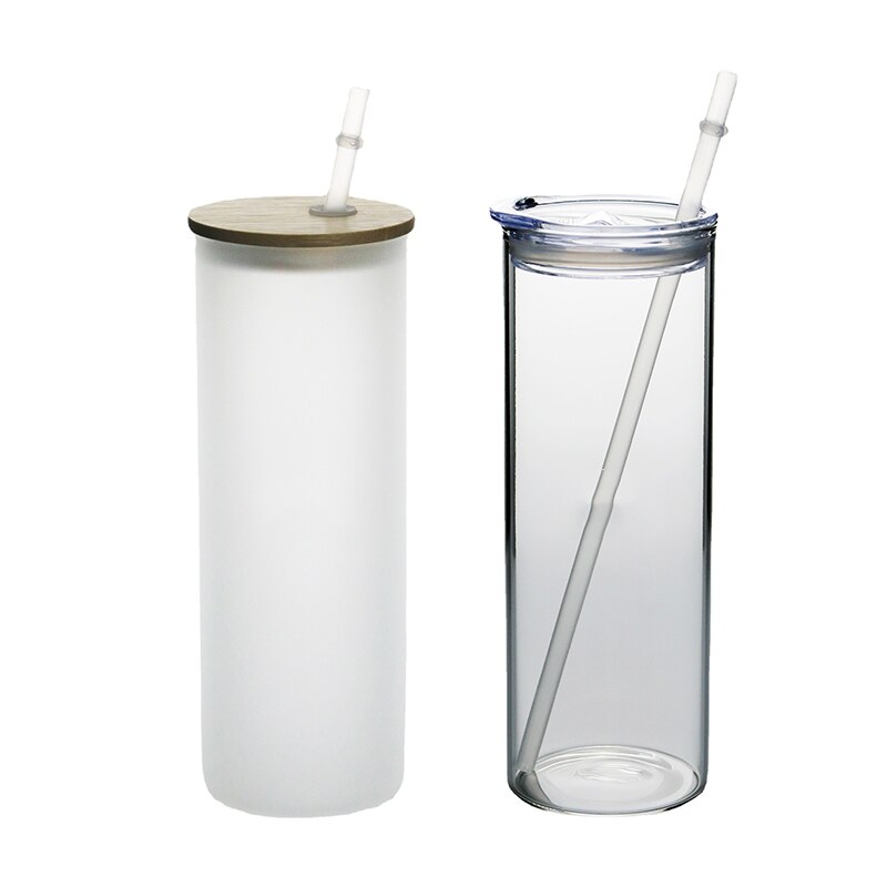 Sublimation Skinny Tumbler 20oz Clear Frosted Glass Juice Cups with Lid and Straw Straight Drinking Bottle For Wedding Party