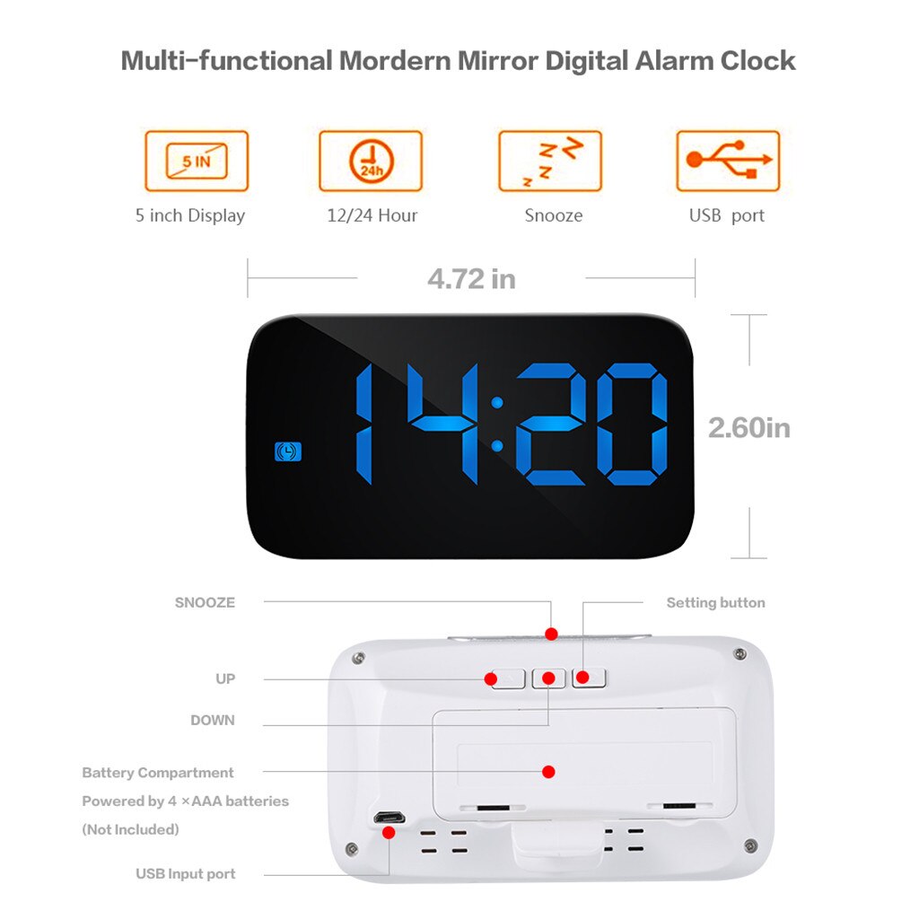 Digital Wecker LED Spiegel Elektronische Uhren Multifunktions Große LCD Anzeige Digitale Tisch Uhr mit Kalender 5in Bildschirm