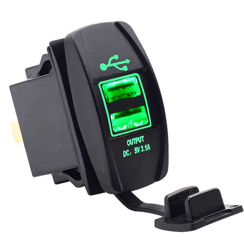 3.1A 12-24V LED Universal Car Charger Waterproof Dual USB Port Charger Socket Outlet for Motorcycle Car Auto Accessories Camping: green
