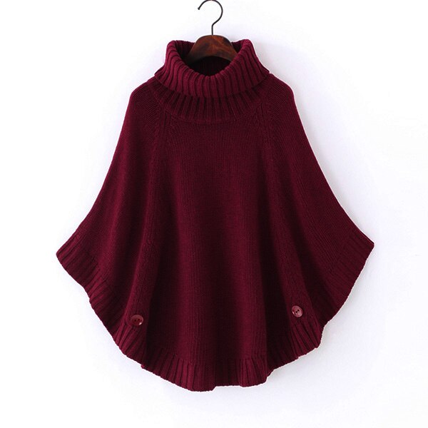 Kvinders kapper og ponchoer kvinder sjal kappe frakke bat ærme turtleneck sweater efterår og vinter kappe plus størrelse: Mørkerød