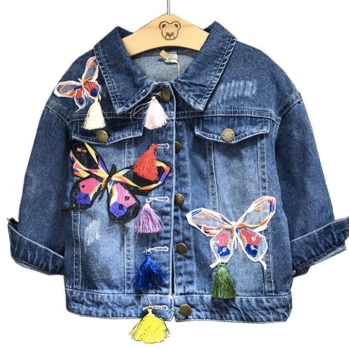 Spring Baby Girl Denim Jacket Embroidery Butterfly Outerwear Girl Casual Jacket Kids Denim Clothes Girl Jean Jacket: Blue / 7
