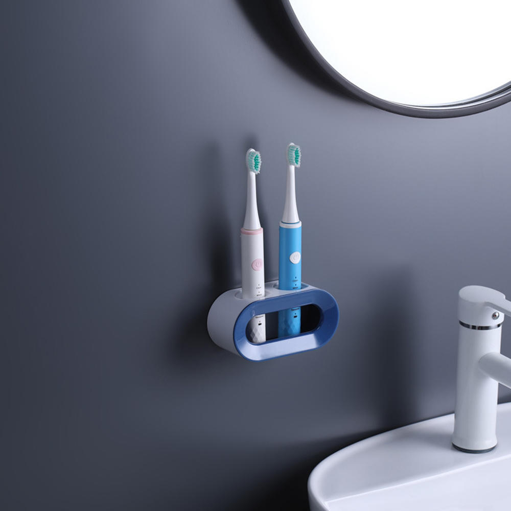 Estante de cepillo de dientes eléctrico de doble orificio para el hogar, estante de almacenamiento de cepillos de dientes sin perforación para el baño: Blue
