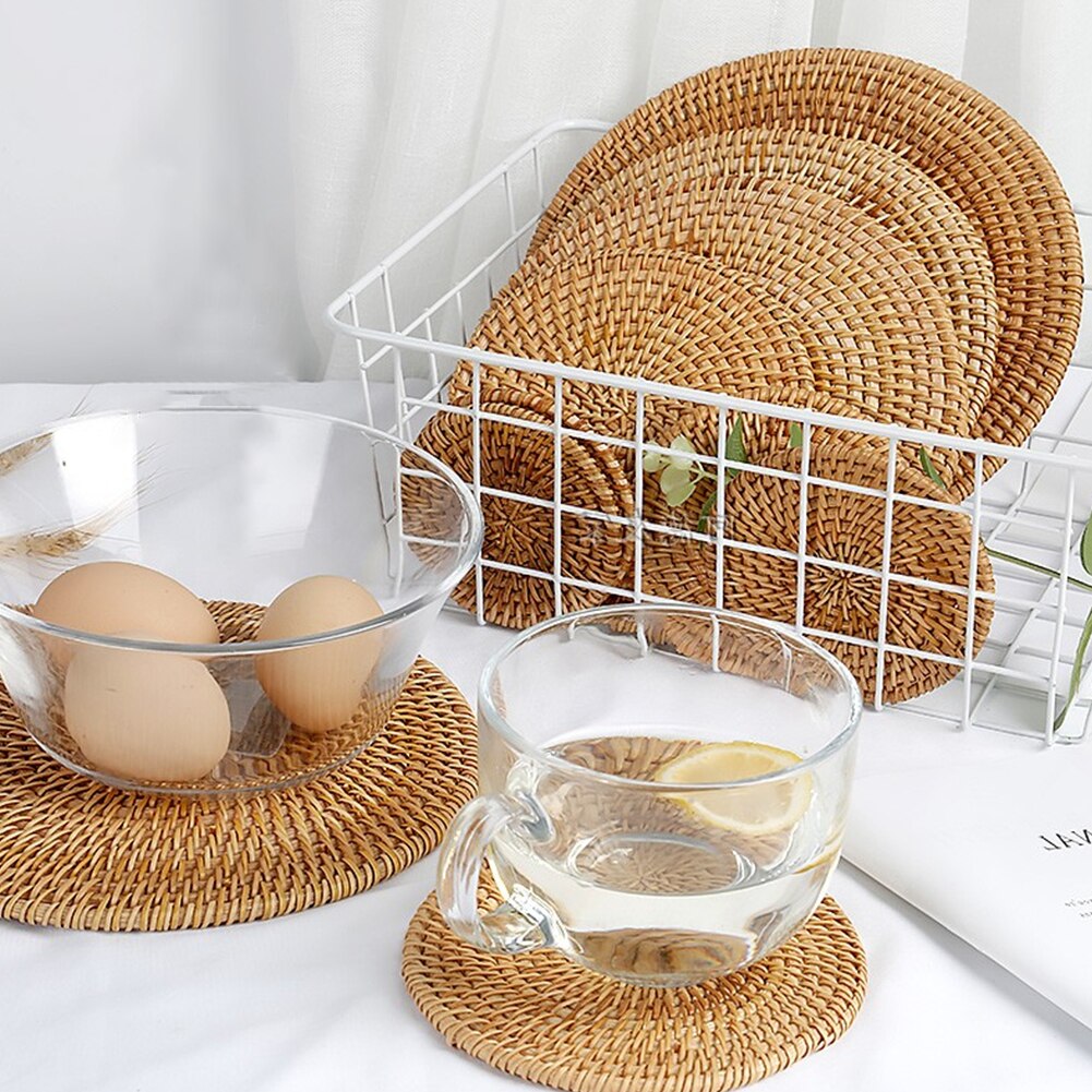 1Pc Rotan Coaster Matten Thee Pot Geweven Handgemaakte Isolatie Keuken Tafel Padding Cup Placemat Holder Drink Ronde Natuurlijke Warmte pad