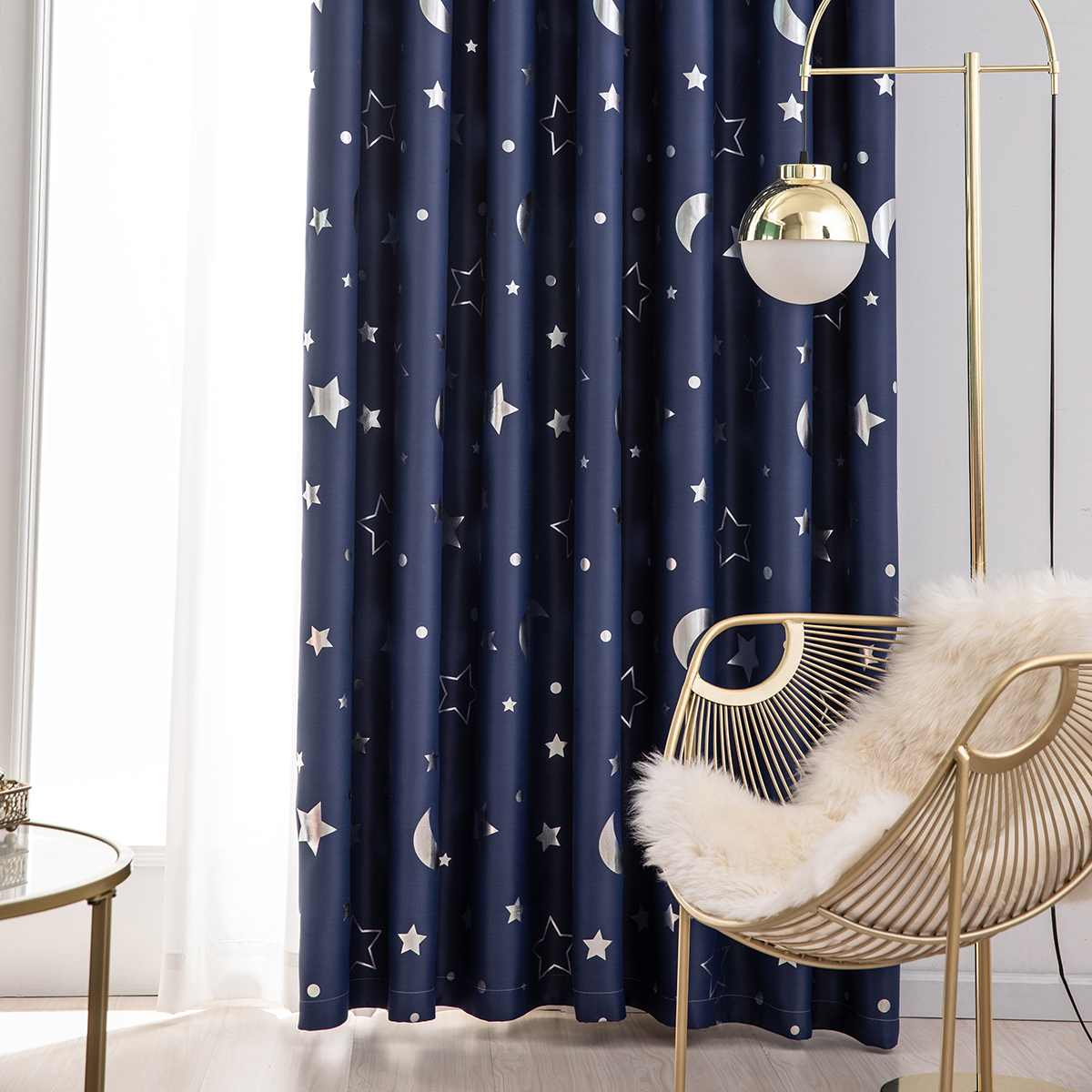 4 Kleuren Shiny Silver Moon Stars Shading Gordijnen Voor Kinderen Kind Slaapkamer Koreaanse Stijl Polyester Gordijnen Voor Woonkamer: Blauw / 100x250cm