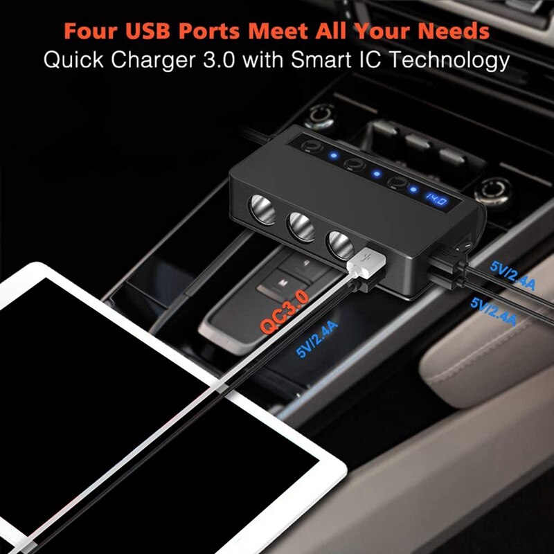 4 cargadores de coche USB, 180W de alta potencia Qc 3,0 interruptor independiente cargador de coche 3 en 1 Adaptador de coche
