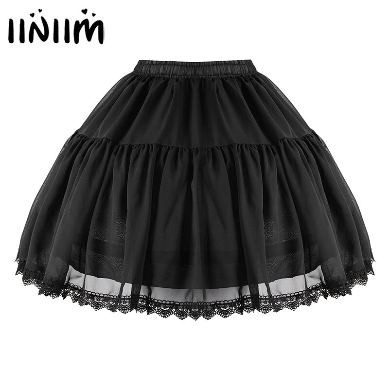 Women Girls Sweet Black Lace Trim Hoop Tutu Petticoat Crinoline Cosplay Elastic Waistband Chiffon Slips Underskirt Lolita Skirt