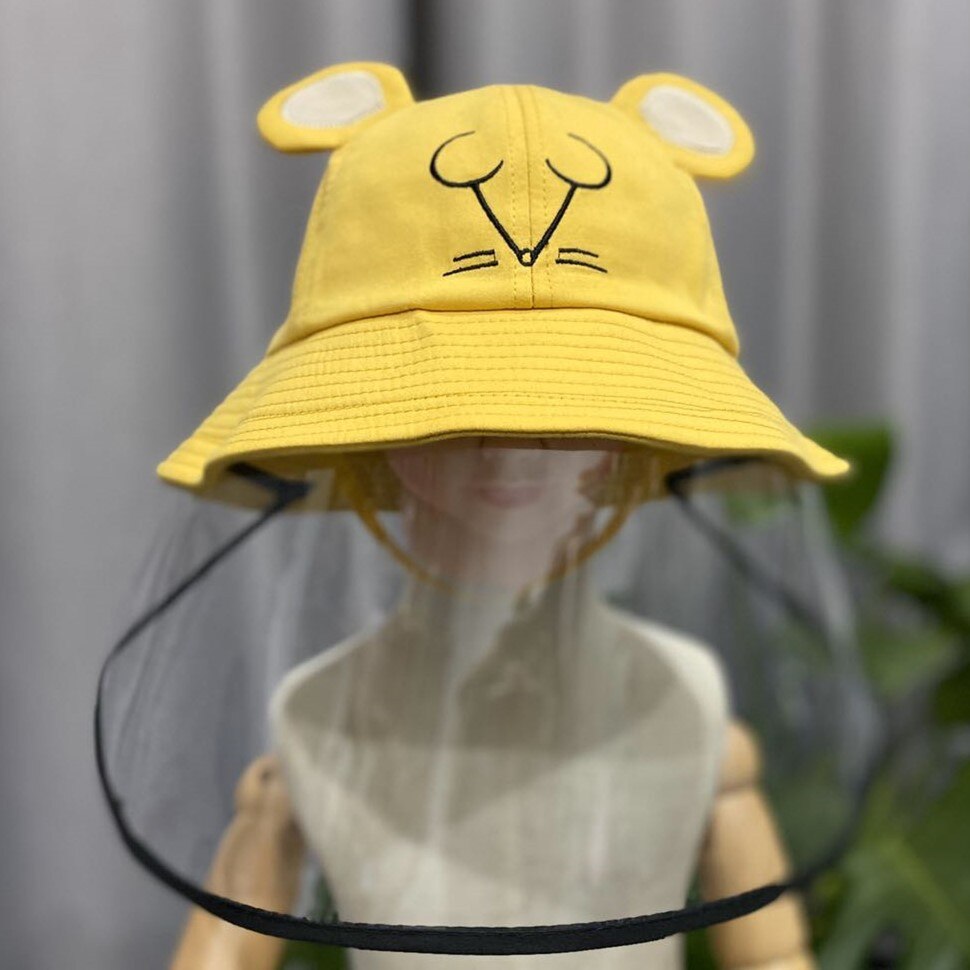 Kids Children Cute Cartoon Bear/Mouse Anti Saliva Anti Droplet Dust-proof Safe Protective Hats with Clear Full Face Cover Shield: Yellow Mouse