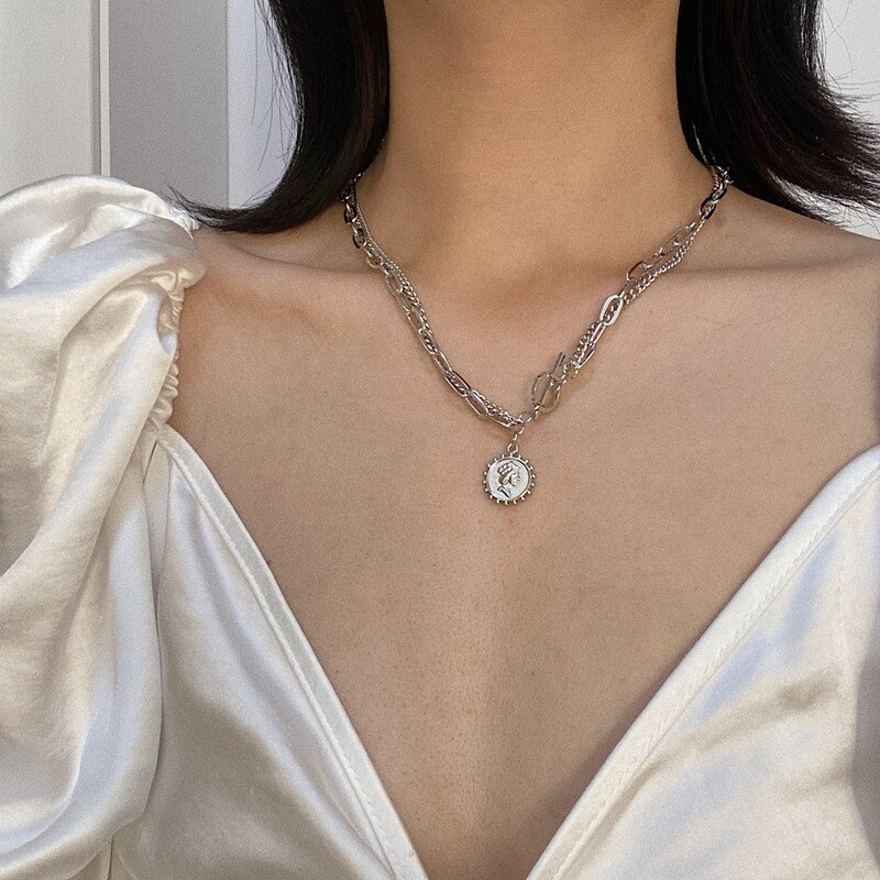 VKME Retro Coin Silver Gold Chain Necklace For Women Multi-layer Geometric Round Pendant Silver Choker Necklaces Jewelry