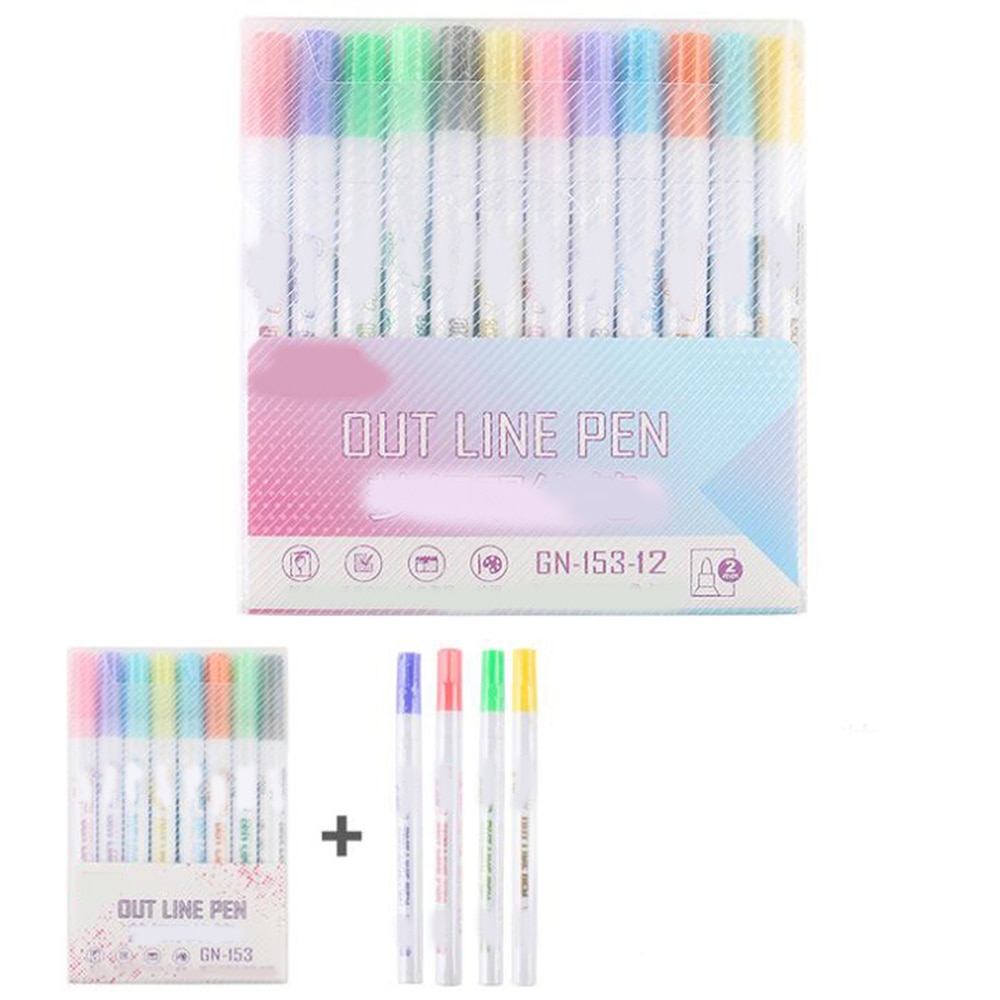 12 Pcs Fluorescerende Dual-Kleur Lijn Glitter Markers Pen Voor Bullet Journaling Schrijven Notities Kalender Agenda Coloring Art