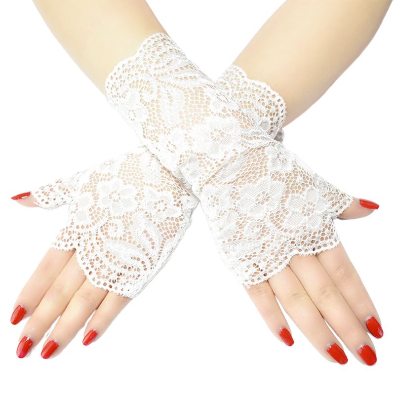 Guantes sin dedos de malla transparente para boda para mujer, manoplas brillantes de encaje Floral Jacquard: WHITE