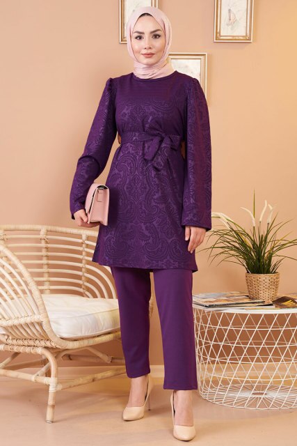 Self-Printed Double Suit Zero Collar Belted Seasonal Hijab Clothing Muslim Women Wedding Engagement Dining Daily: SUIT DAMSON / XL /2XL