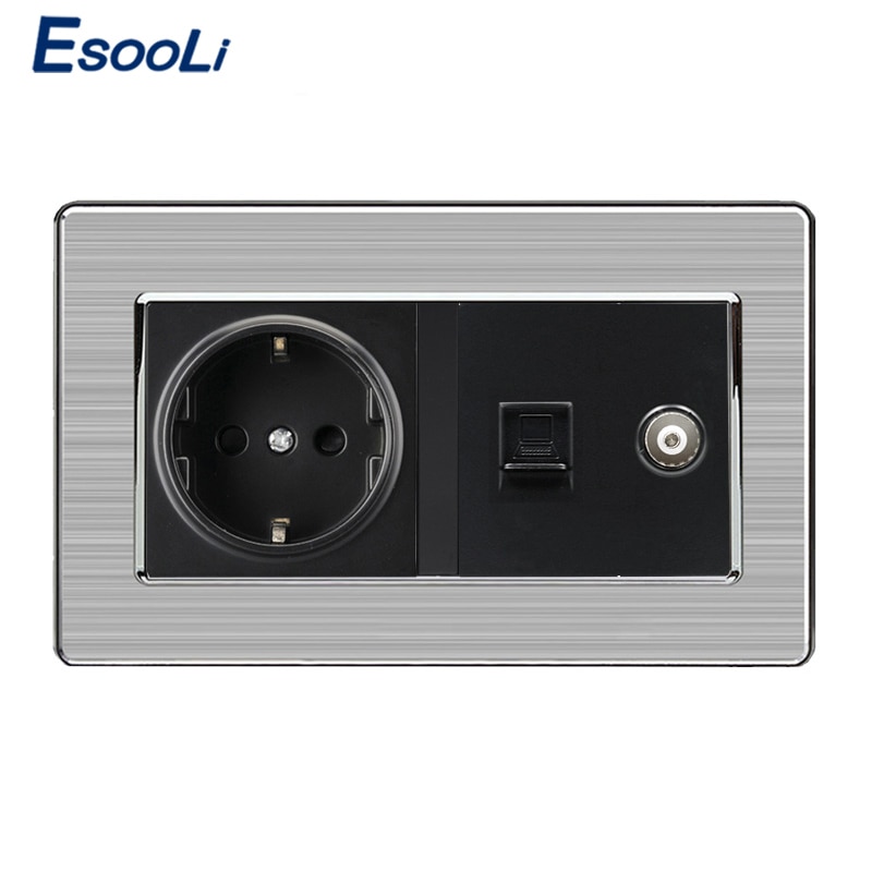 Esooli eu standard vægstik+hun tv-stik med internet computer data  rj45 kat 5e stik rustfrit stål børstet panel