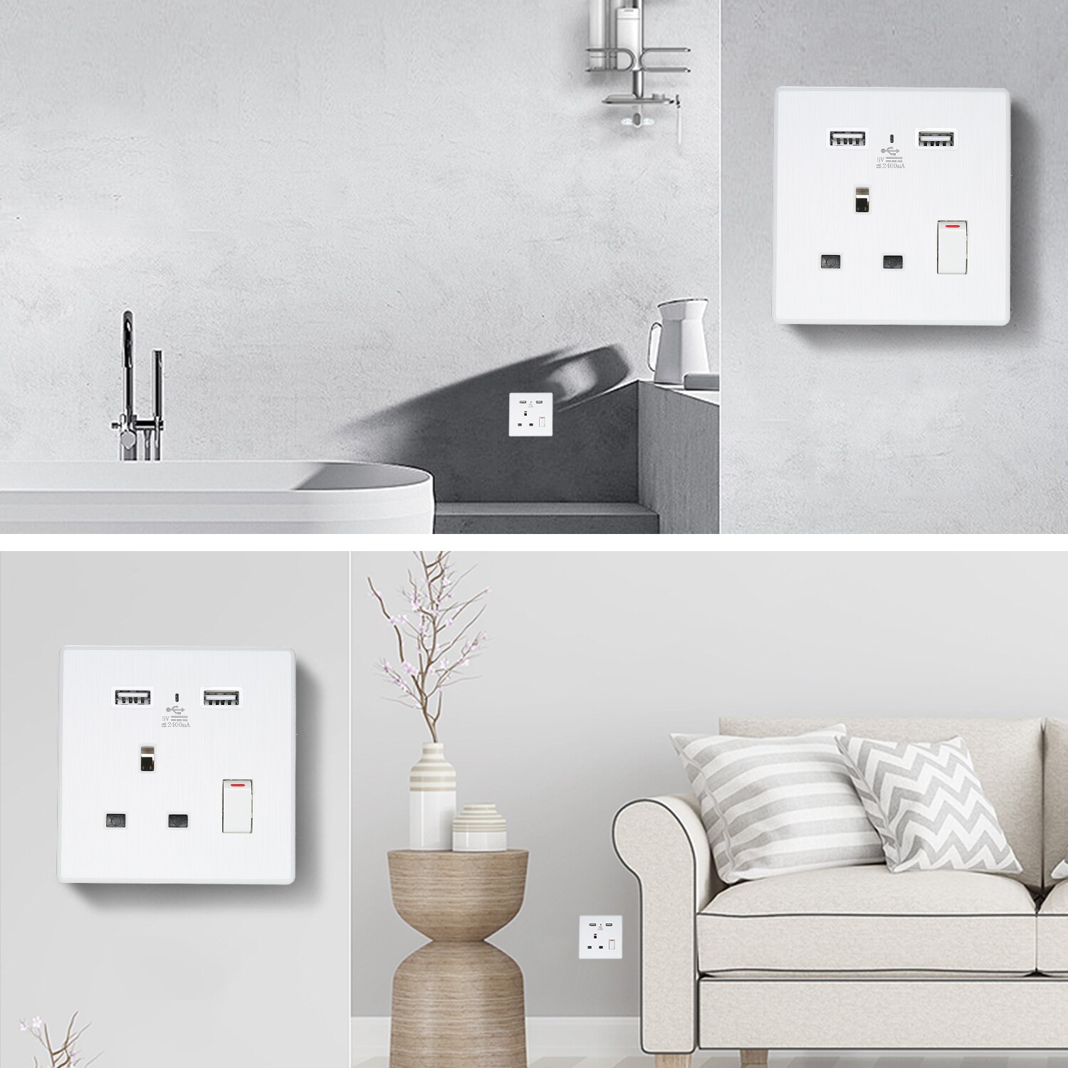 2.4A USB Wall Socket UK Plugs Dual USB Port Charger High Speed Wall Outlet AC Power Plate Panel Receptacle
