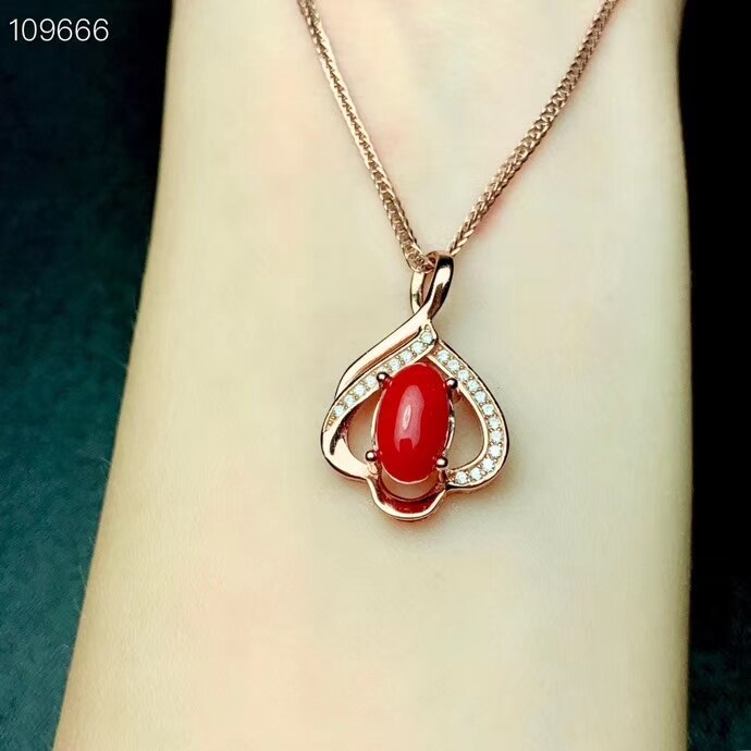KJJEAXCMY Fijne sieraden 925 sterling zilver ingelegd natuurlijke red coral dames hanger ketting ondersteuning detectie set: Pendant