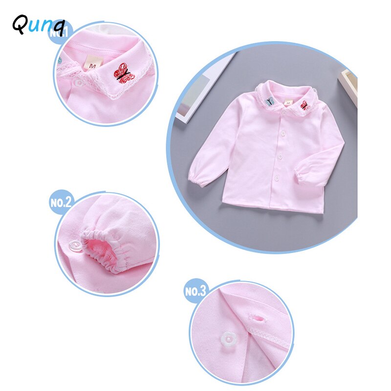 Qunq bebê meninas camisas de manga longa borboleta bordado primavera outono topos roupas único breasted cor sólida recém-nascidos camisas