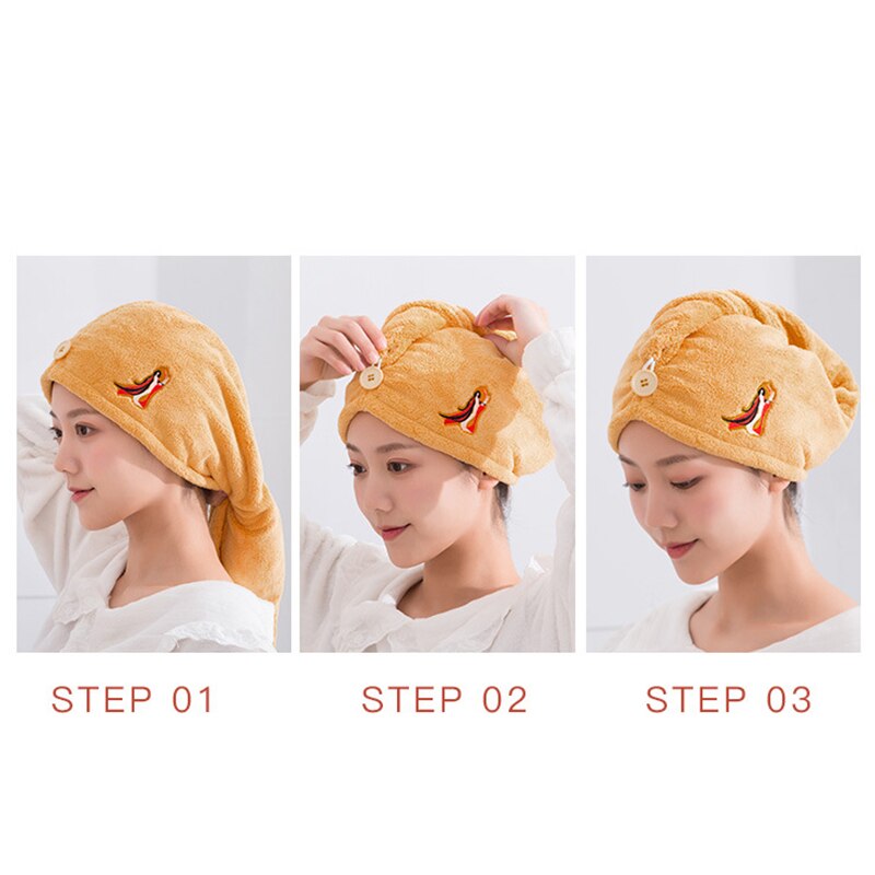 Coral Fleece Haar Drogen Handdoek Voor Lang Haar Snel Droog Hoed Cap Met Leuke Borduren Twist Hoofd Handdoek Met Knop 65*25Cm Hfing