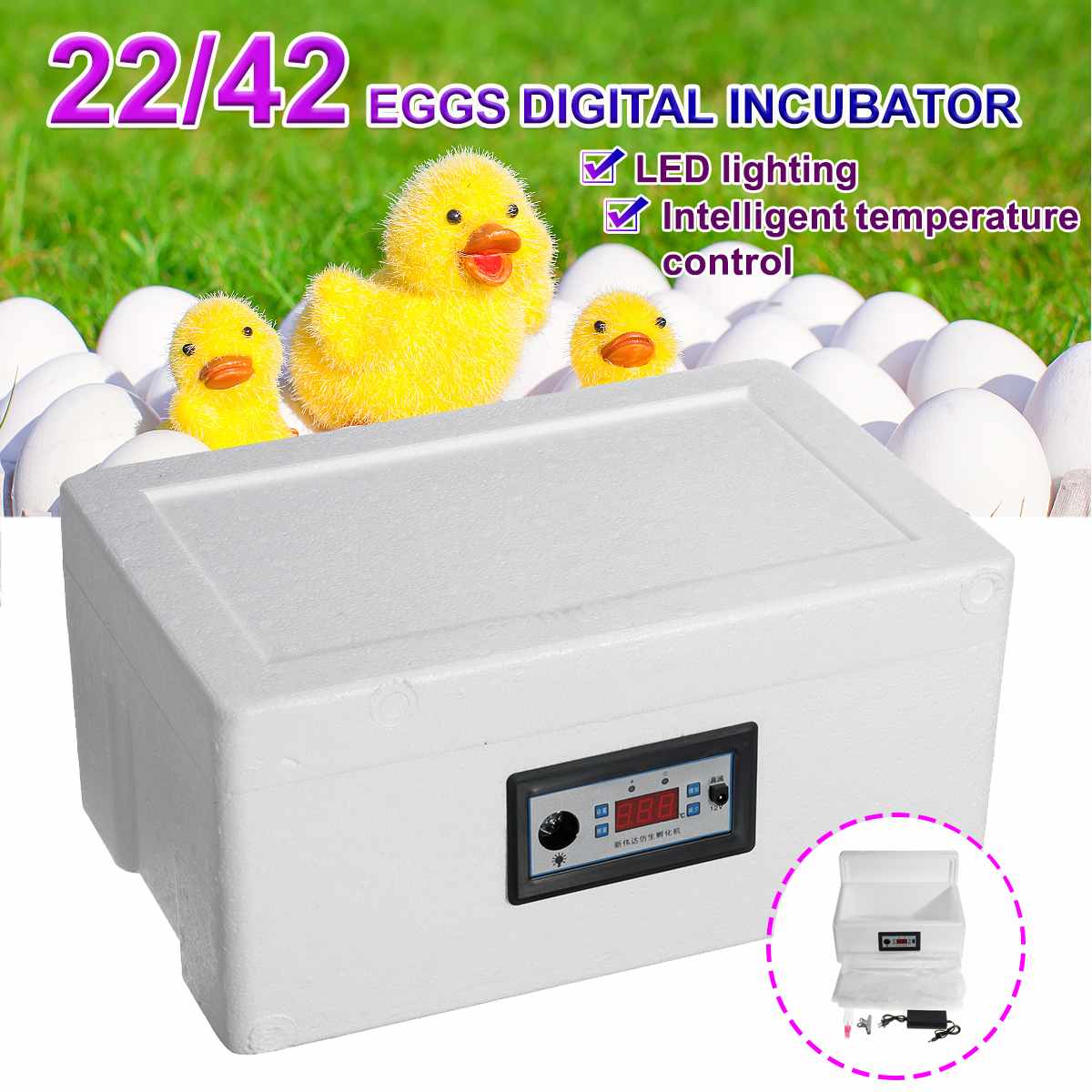 22/42 Eggs Incubation Box Digital Incubator Automatic Suitable for Hatching Snake Lizards Reptile Breeding Box with LED Lighting