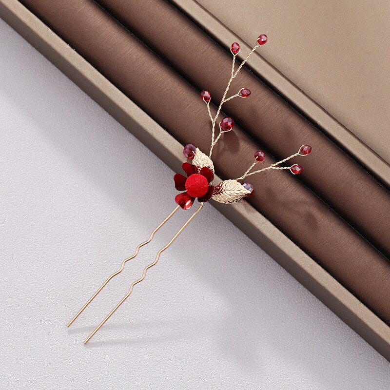 FORSEVEN Bride Noiva Wedding Party Women Girl Red Flower Tiaras Crowns Headband Hair Combs Hairpins Earrings Jewelry Sets