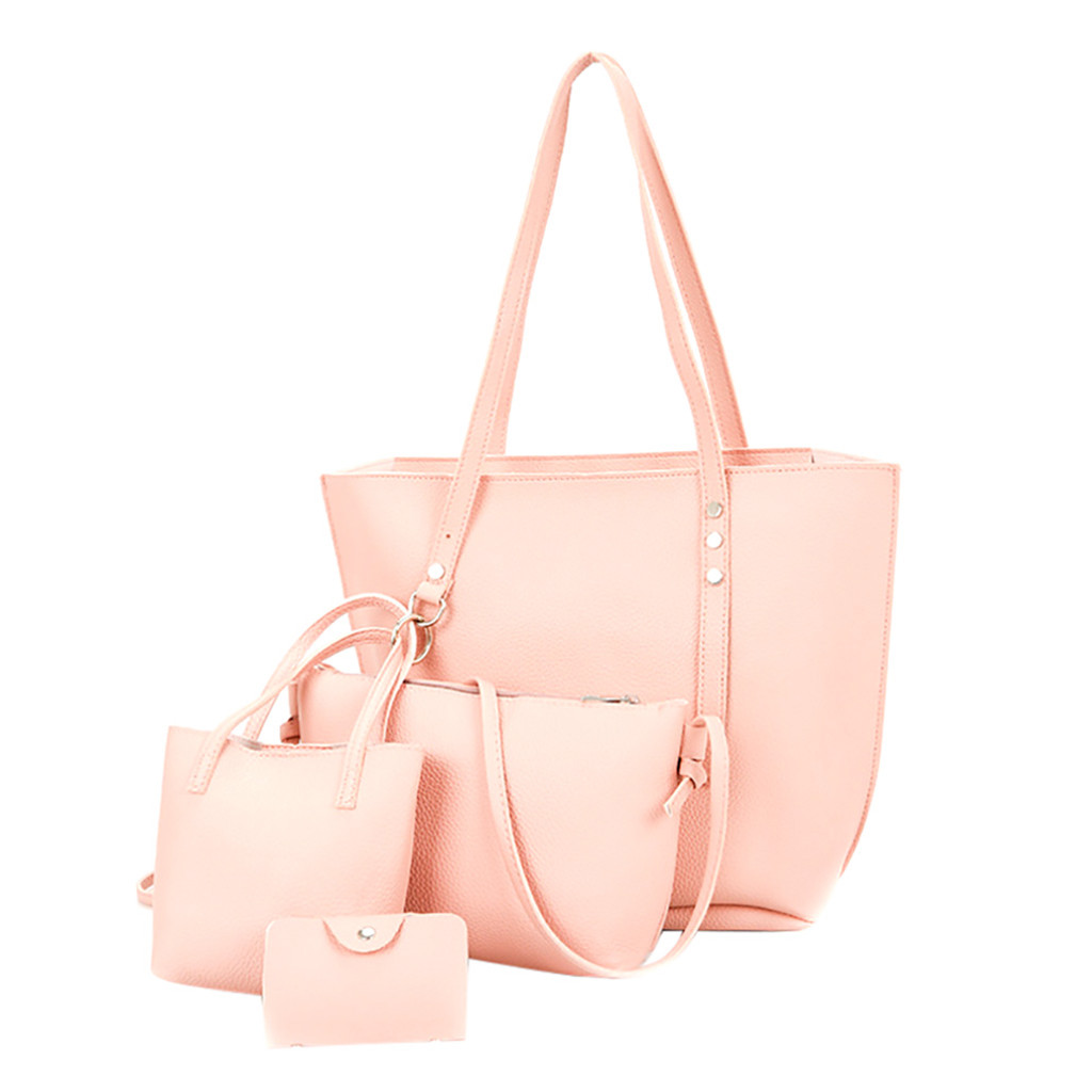 4 Stks/set Pu Leer Kwasten Schoudertas Vrouwen Grote Capaciteit Tote Draagbare Handtas Mini Clutch Kaart Tassen Reizen Messenger Bag: Roze