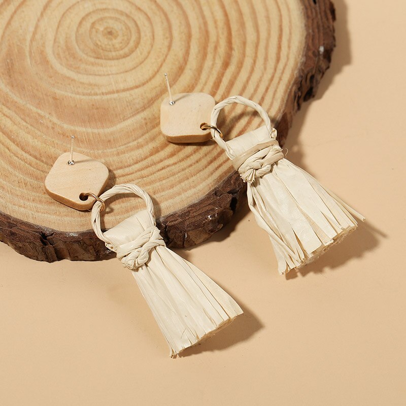 Simple Trendy Female Handmade Woven Vine Rattan Straw Earrings For Women Boho Square Geometric Wood Dangle Earring Jewelry