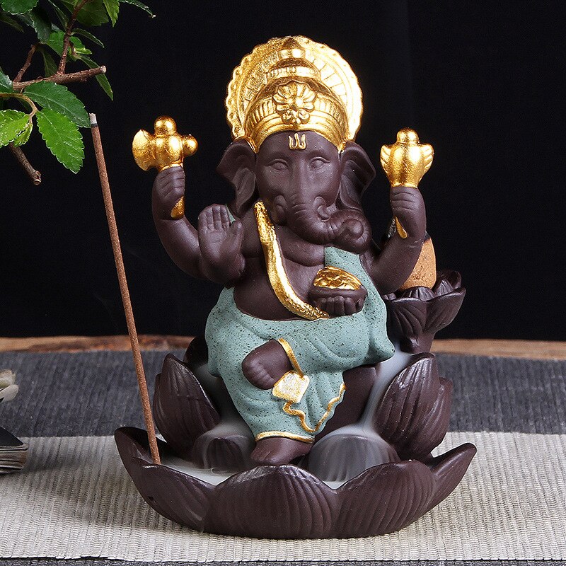 Olifant hoofd God Ganesha paars zand Lotus type Terugstromen wierookbrander Boeddha standbeeld Thailand Indiase boeddhistische wierook: Groen