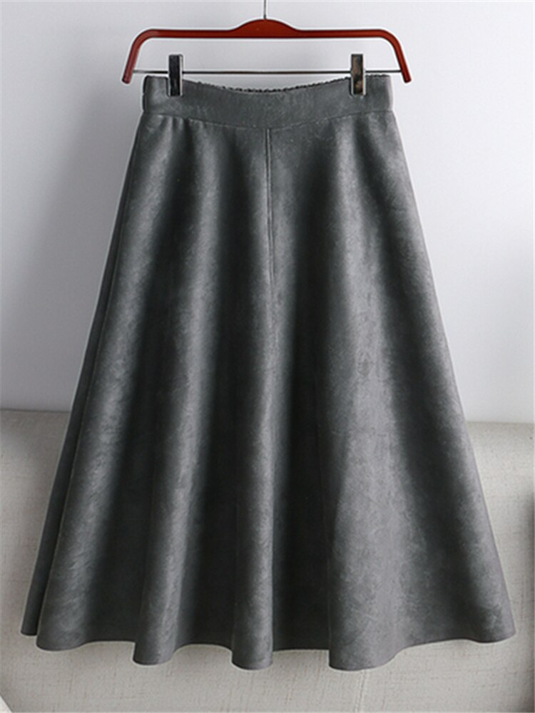 REALEFT 2023 Otoño Invierno mujeres gamuza Midi faldas de cintura alta multicolor A-Line faldas paraguas señoras falda femenina: Gris
