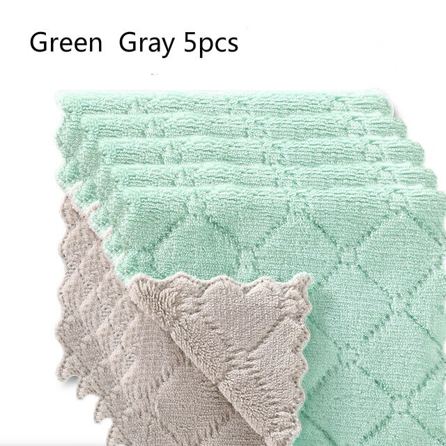 5pcs Rag Cleaning Cloth For Washing Dishs Kitchen Supplies Kitchen Double Side Absorbent Dishcloth Special Soft Kitchen Tool: Green  Gray 5pcs