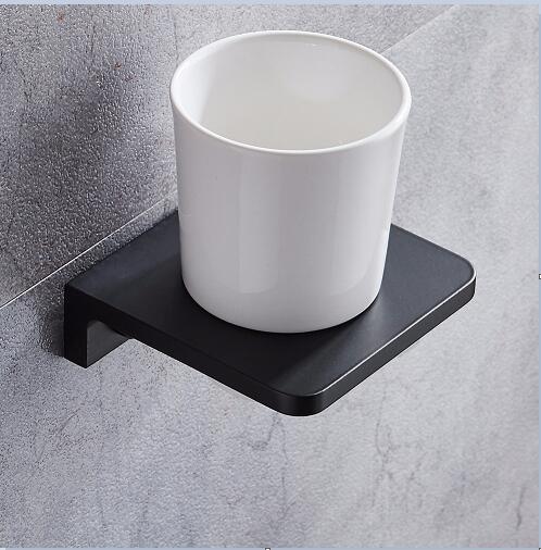 Matt Black Toothbrush Holder Wall Mounted Toothbrush Cup Holder wthite Solid space aluminum Shelves With Single Ceramics Cup Set: Matt black