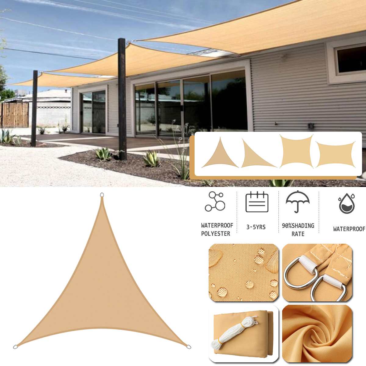 300D Waterproof Sun-Shelter SunShade Sail Outdoor Rectangle Shade Sail Garden Canopy Yard Sail Beach Awning Shade Light Beige
