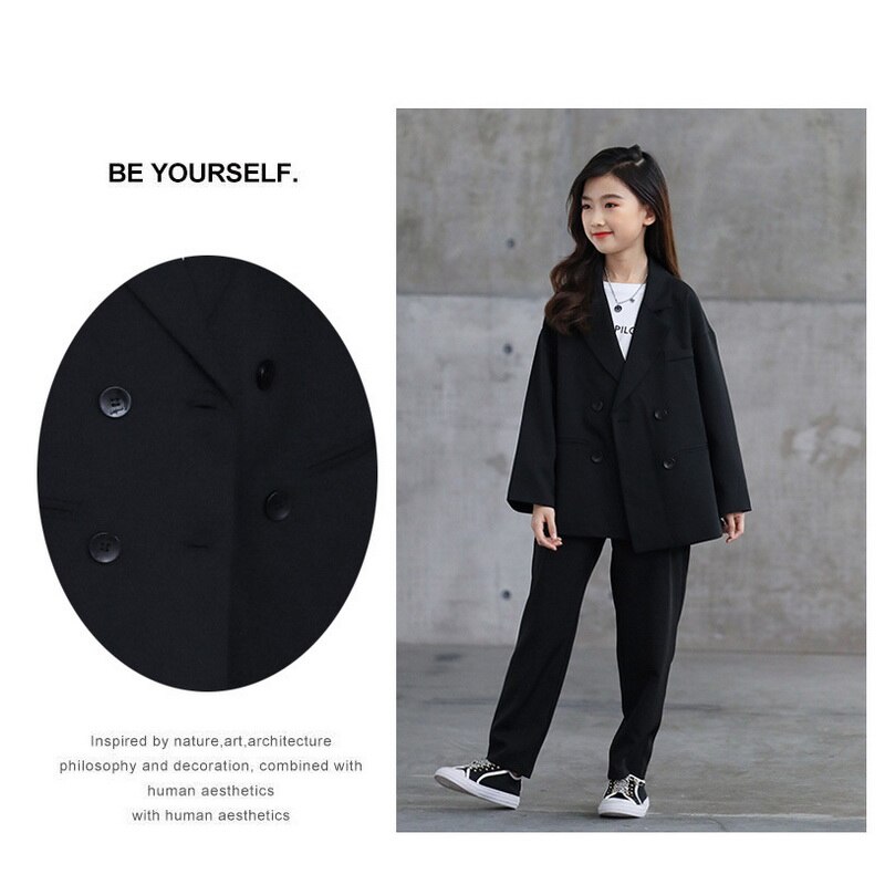 2021 New Spring adolescenti bambini ragazze vestito giacca cappotto nero bambini stile Casual abiti di moda E1372