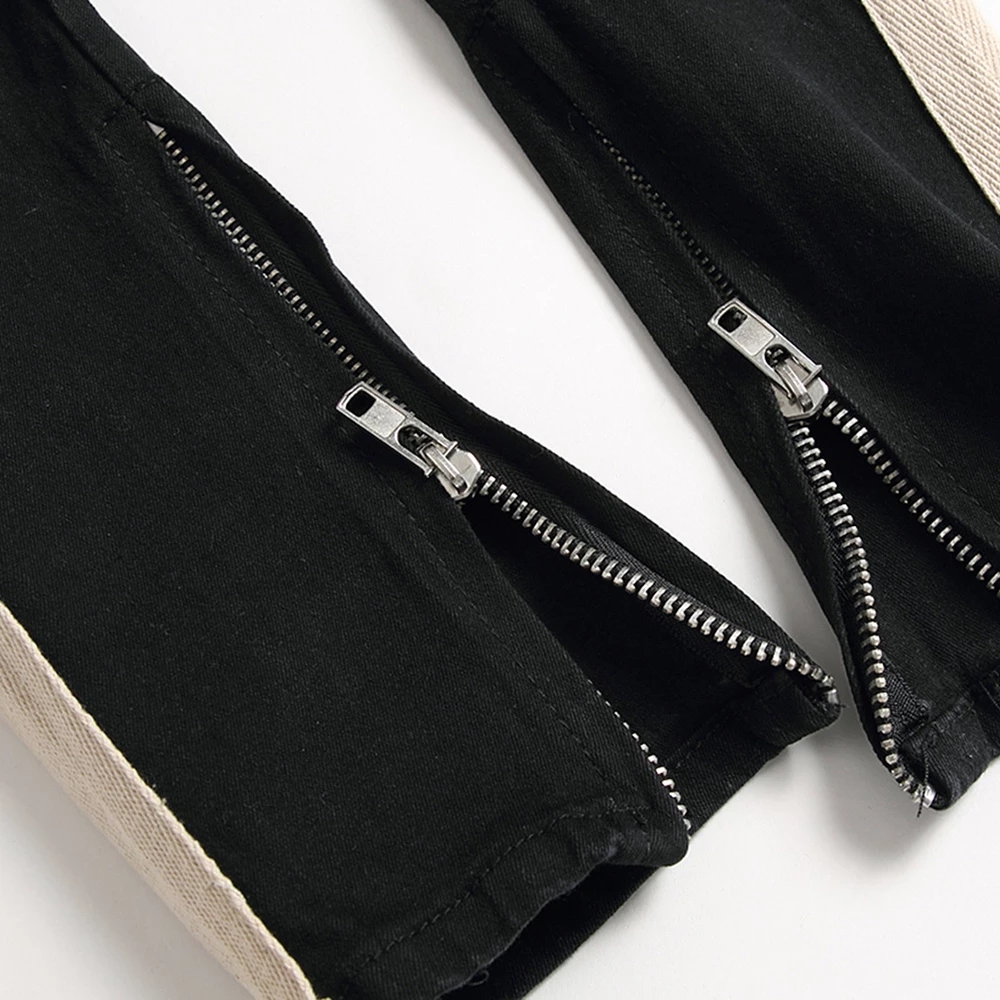 Men&#39;s Male Lines Stripe Big Holes Ripped Jeans Streetwear Zipper Slim Skinny Stretch Denim Pencil Pants Trousers Blue Black