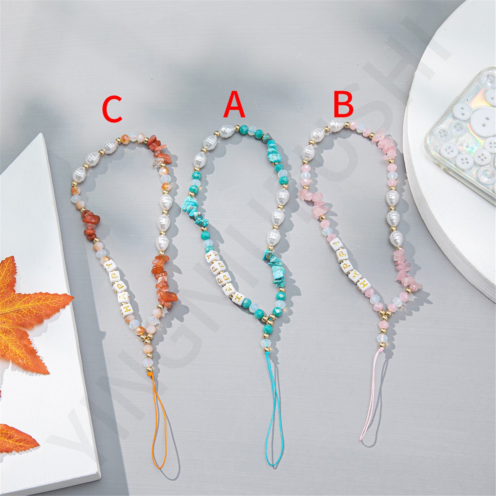 Catena di cellulare con perle di ghiaia moda cinturini per cellulare con perline fascino catena appesa cordino anti-perso cinturino da polso portachiavi