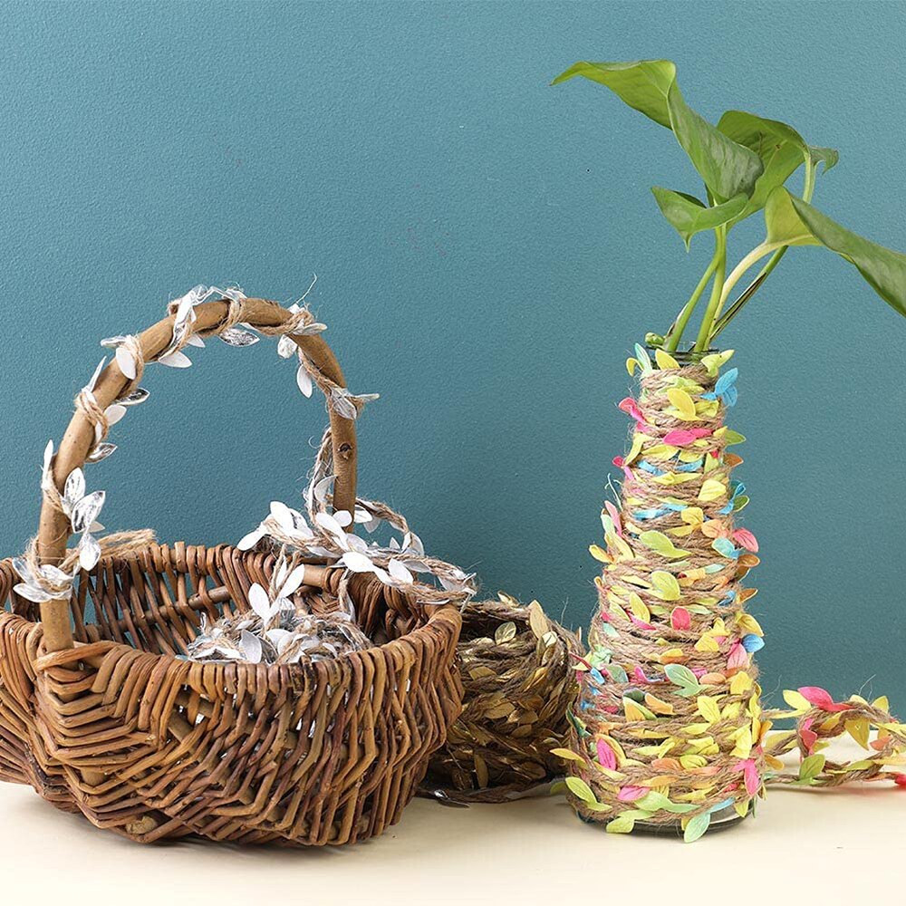 5 meter/lot naturligt jutegarn 5mm säckvävsband med konstgjorda vingröna löv för pysselhantverk bröllopsträdgårdsinredning