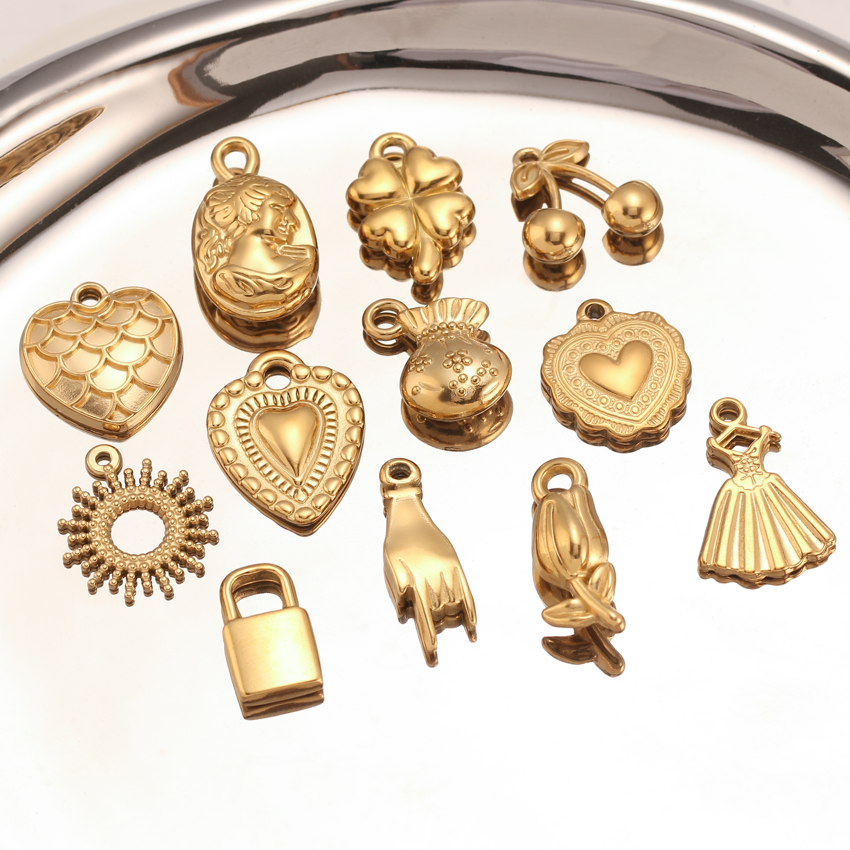 3 pezzi di ciondoli a forma di cuore/c lucchetto/trefoglio in acciaio inossidabile con simbolo della mano d'amore, non sbiadiscono, collana fai da te, braccialetto, creazione di gioielli